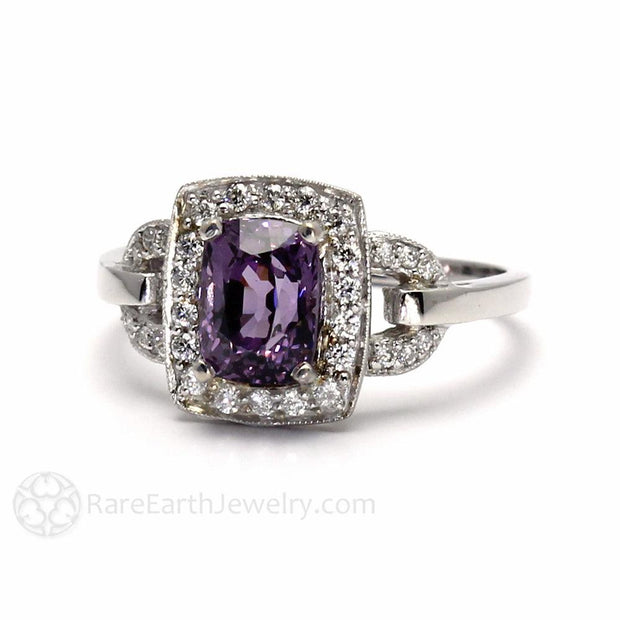 Purple Spinel Engagement Ring Vintage Inspired Halo Buckle Design 14K White Gold - Rare Earth Jewelry
