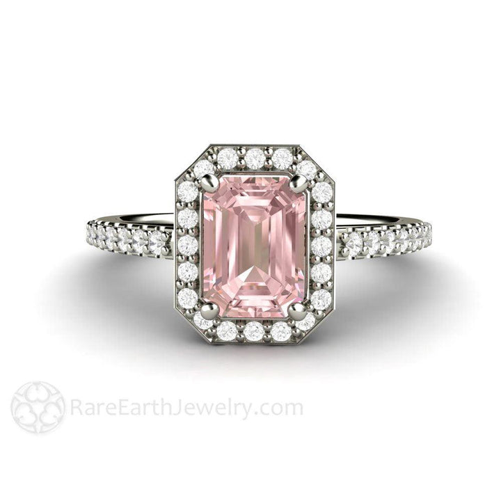 Radiant Emerald Cut Pink Moissanite Engagement Ring Pave Diamond Halo - Rare Earth Jewelry