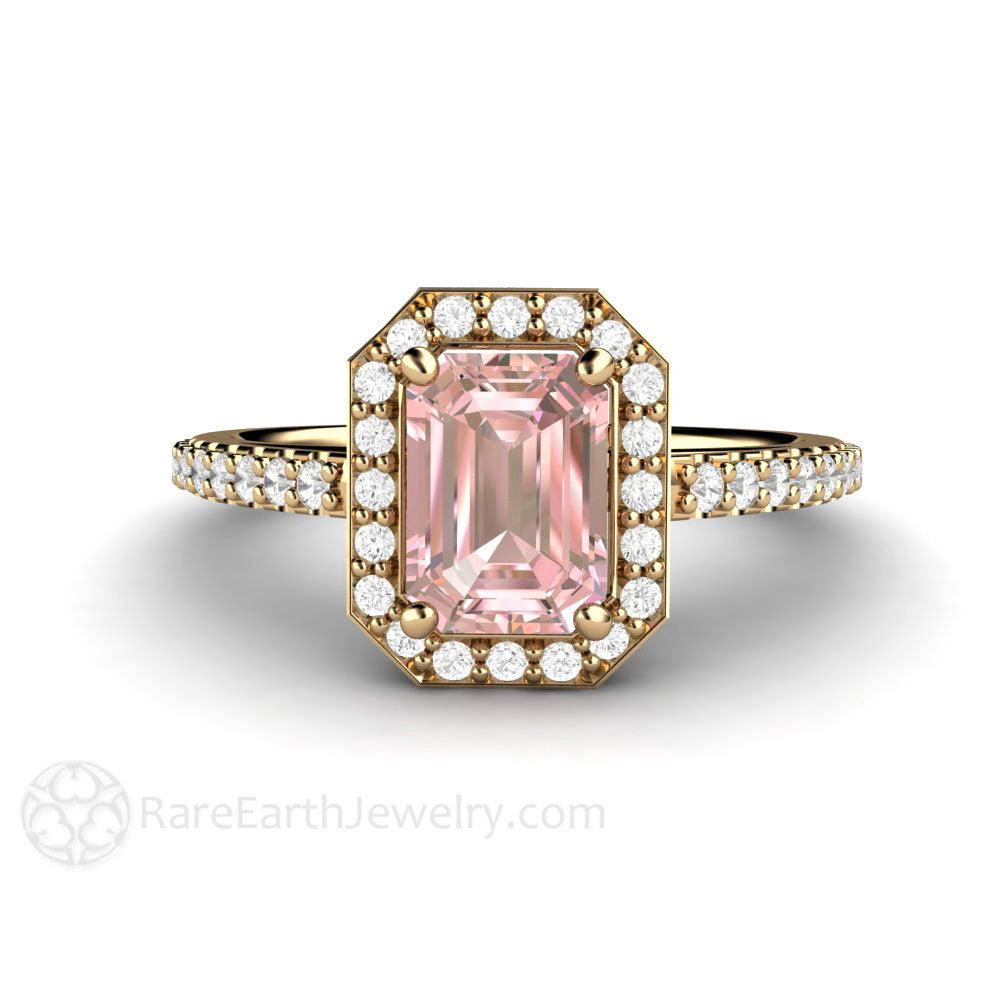 Radiant Emerald Cut Pink Moissanite Engagement Ring Pave Diamond Halo - Rare Earth Jewelry