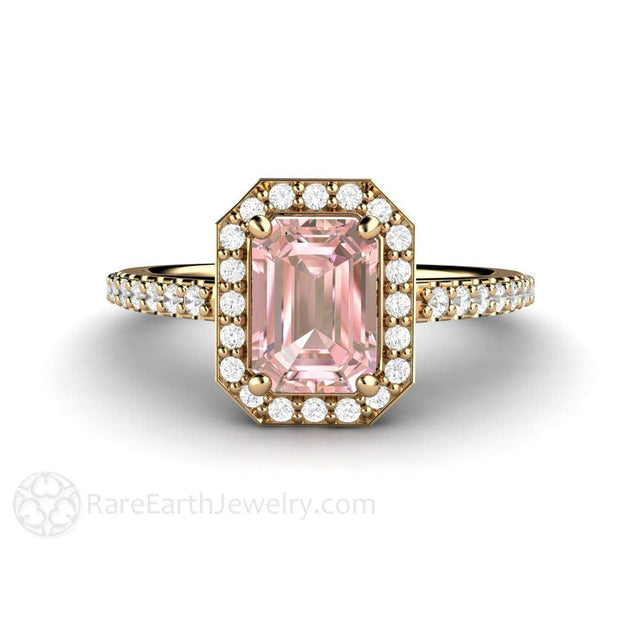 Radiant Emerald Cut Pink Moissanite Engagement Ring Pave Diamond Halo - 14K Yellow Gold - Engagement Only - Emerald Octagon - Halo - Moissanite - Rare Earth Jewelry