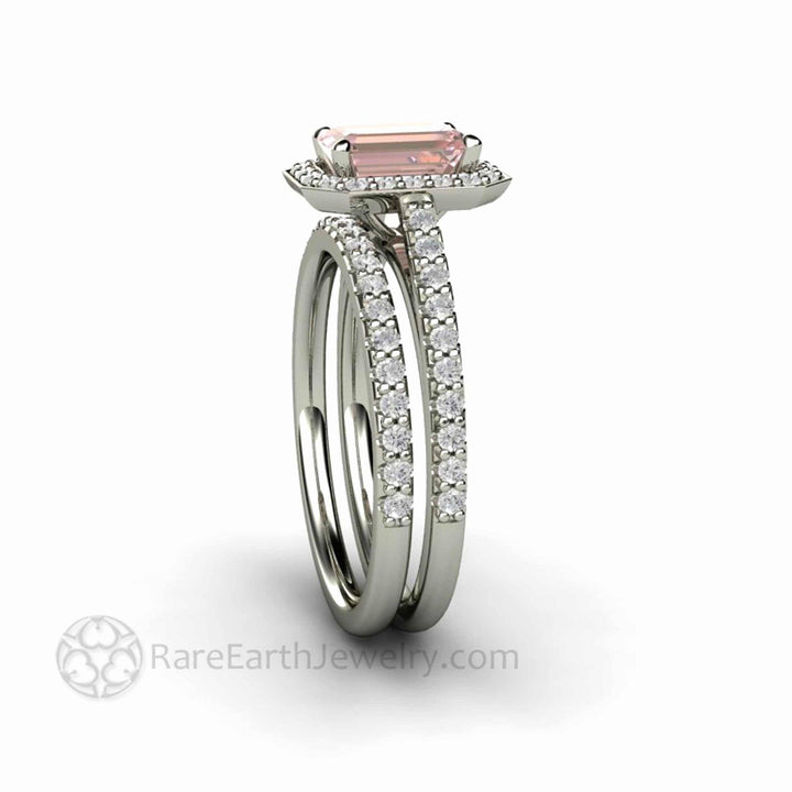 Radiant Emerald Cut Pink Moissanite Engagement Ring Pave Diamond Halo - Rare Earth Jewelry