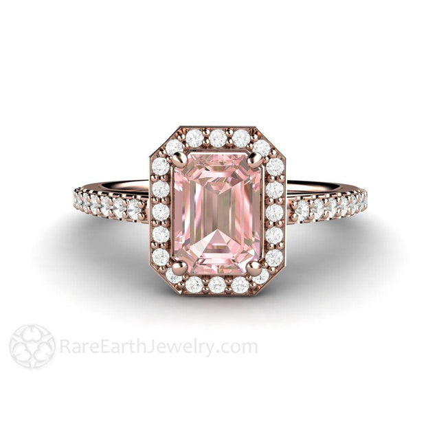 Radiant Emerald Cut Pink Moissanite Engagement Ring Pave Diamond Halo 14K Rose Gold - Engagement Only - Rare Earth Jewelry
