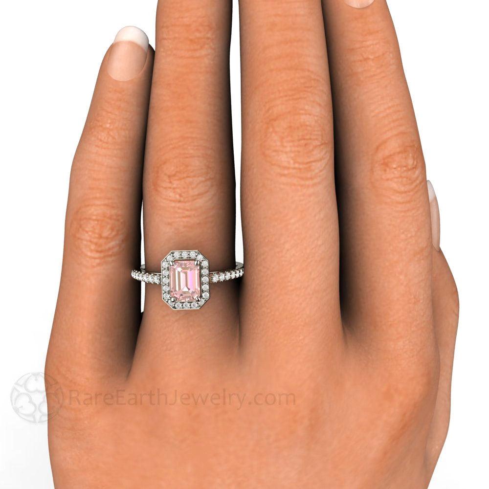 Radiant Emerald Cut Pink Moissanite Engagement Ring Pave Diamond Halo - Rare Earth Jewelry