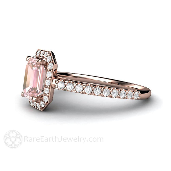 Radiant Emerald Cut Pink Moissanite Engagement Ring Pave Diamond Halo - Rare Earth Jewelry