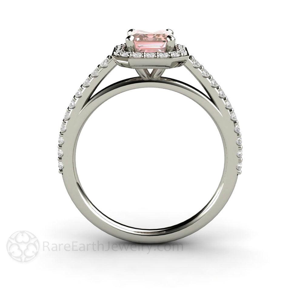 Radiant Emerald Cut Pink Moissanite Engagement Ring Pave Diamond Halo - Rare Earth Jewelry