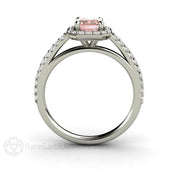 Radiant Emerald Cut Pink Moissanite Engagement Ring Pave Diamond Halo 14K White Gold - Engagement Only - Rare Earth Jewelry