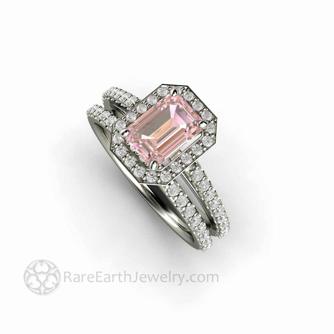 Radiant Emerald Cut Pink Moissanite Engagement Ring Pave Diamond Halo - Rare Earth Jewelry