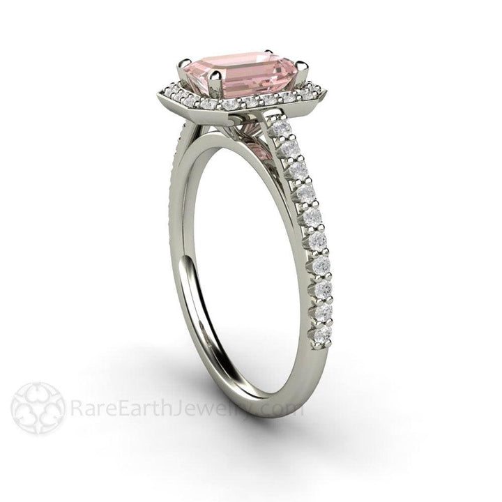 Radiant Emerald Cut Pink Moissanite Engagement Ring Pave Diamond Halo - Rare Earth Jewelry