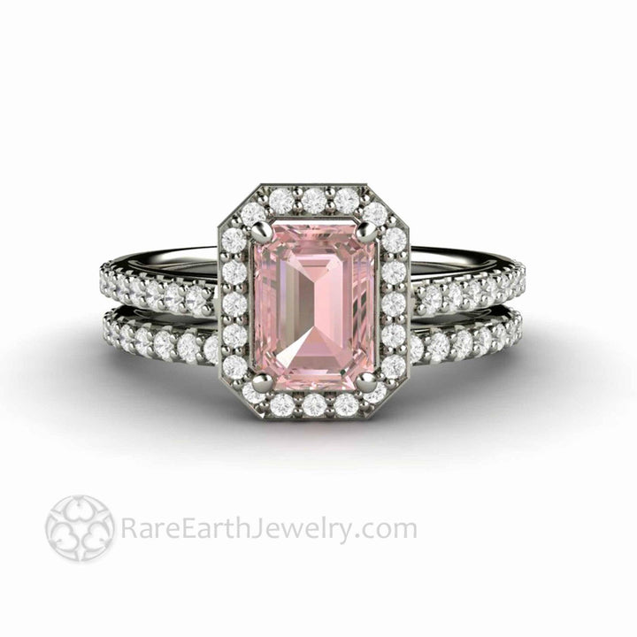 Radiant Emerald Cut Pink Moissanite Engagement Ring Pave Diamond Halo - Rare Earth Jewelry