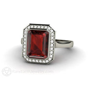 Red Garnet Ring Bezel Set Engagement with Diamond Halo 14K White Gold - Rare Earth Jewelry