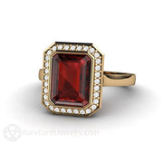 Red Garnet Ring Bezel Set Engagement with Diamond Halo 18K Yellow Gold - Rare Earth Jewelry