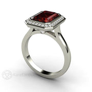 Red Garnet Ring Bezel Set Engagement with Diamond Halo Platinum - Rare Earth Jewelry