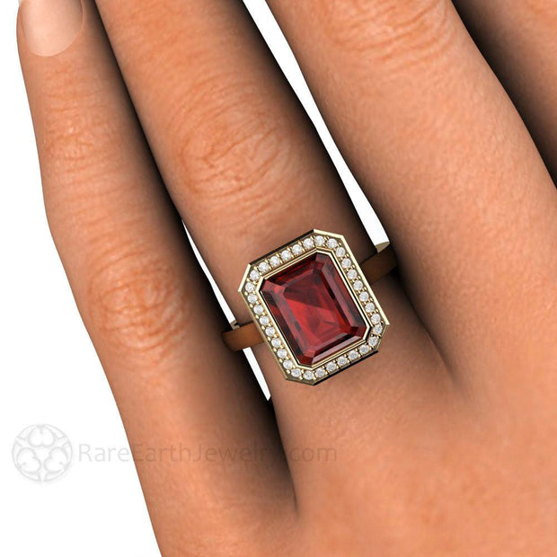 Red Garnet Ring Bezel Set Engagement with Diamond Halo 18K Yellow Gold - Rare Earth Jewelry