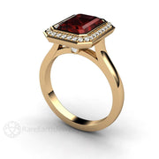 Red Garnet Ring Bezel Set Engagement with Diamond Halo 14K Yellow Gold - Rare Earth Jewelry