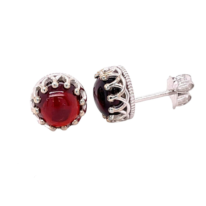 Red Garnet Stud Earrings 14K Gold Crown Design Mozambique Garnet Cabochons, Rare Earth Jewelry