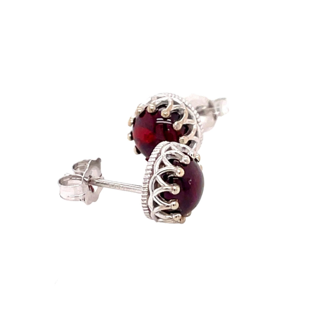 Red Garnet Stud Earrings 14K Gold Crown Design Mozambique Garnet Cabochons, Rare Earth Jewelry