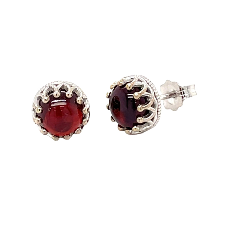 Red Garnet Stud Earrings 14K Gold Crown Design Mozambique Garnet Cabochons, Rare Earth Jewelry