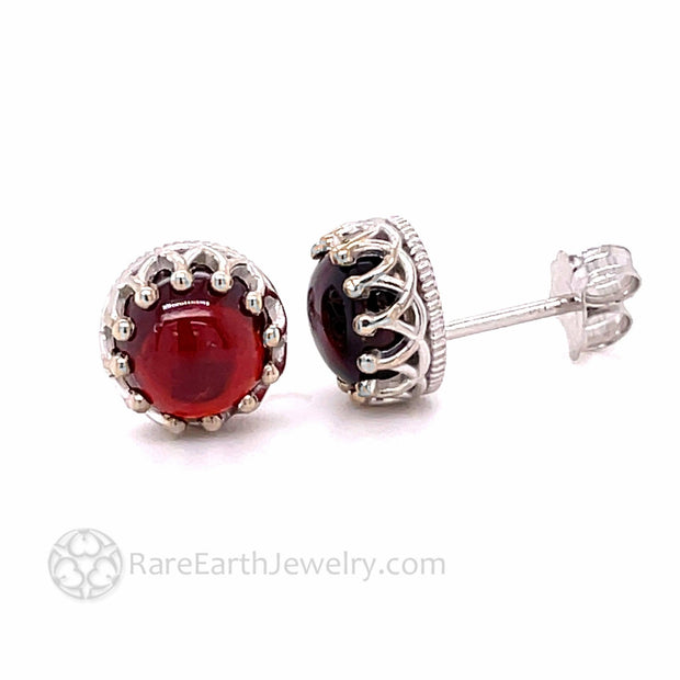 Red Garnet Stud Earrings 14K Gold Crown Design Mozambique Garnet Cabochons 14K White Gold - Rare Earth Jewelry