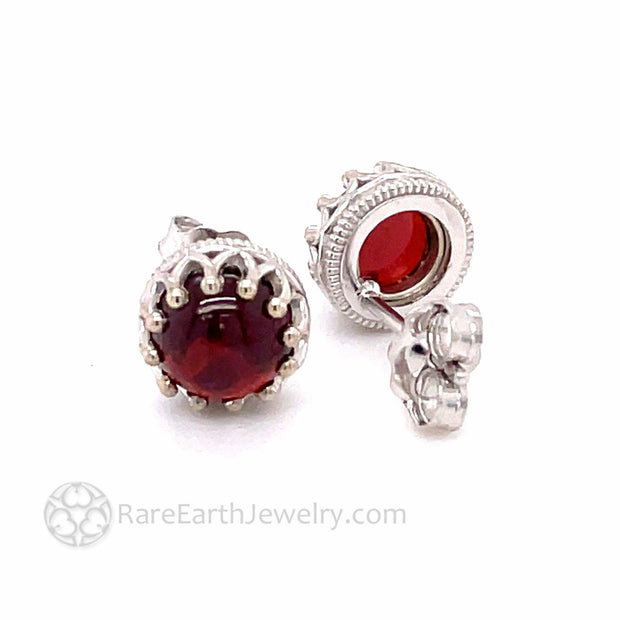 Red Garnet Stud Earrings 14K Gold Crown Design Mozambique Garnet Cabochons 14K White Gold - Rare Earth Jewelry