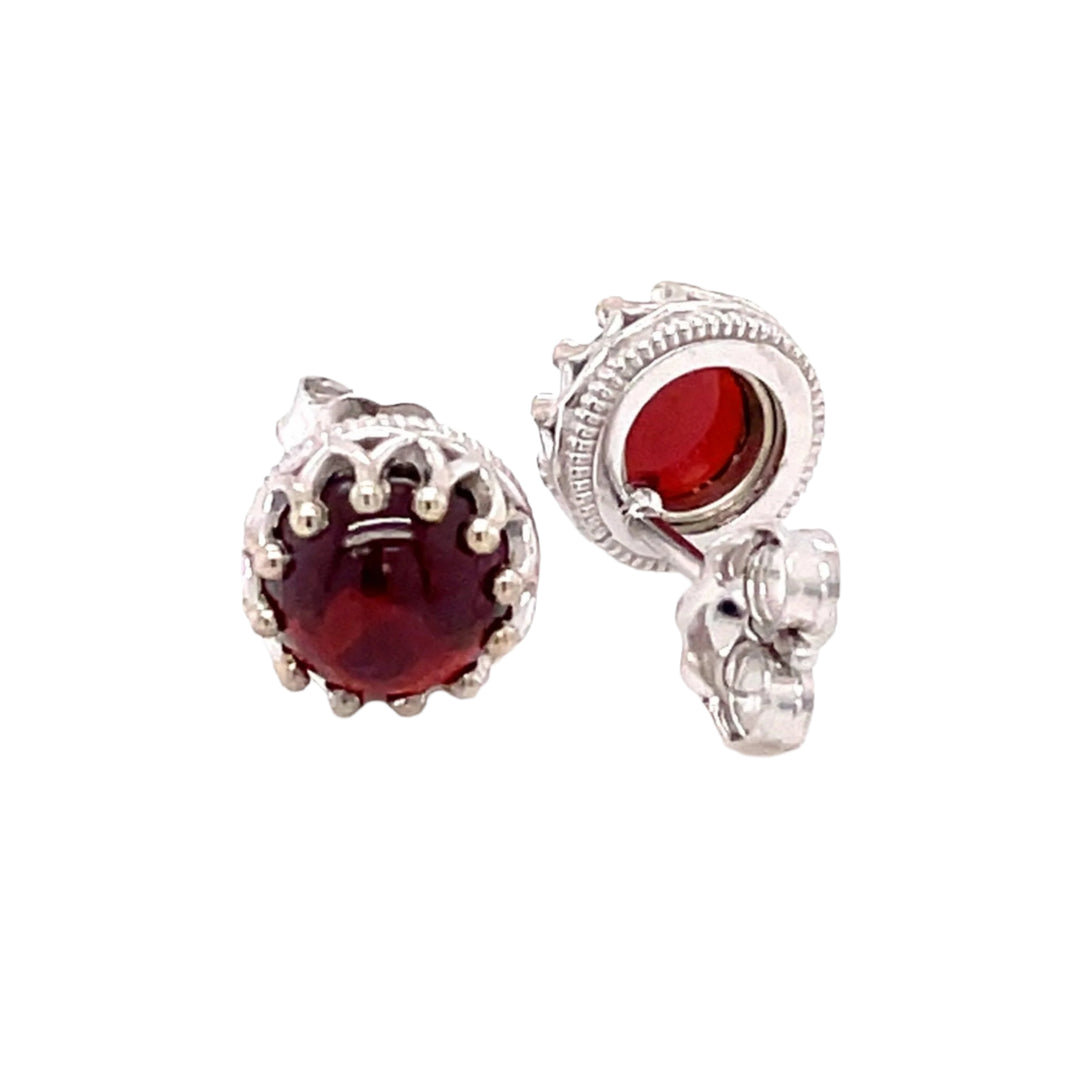 Red Garnet Stud Earrings 14K Gold Crown Design Mozambique Garnet Cabochons, Rare Earth Jewelry
