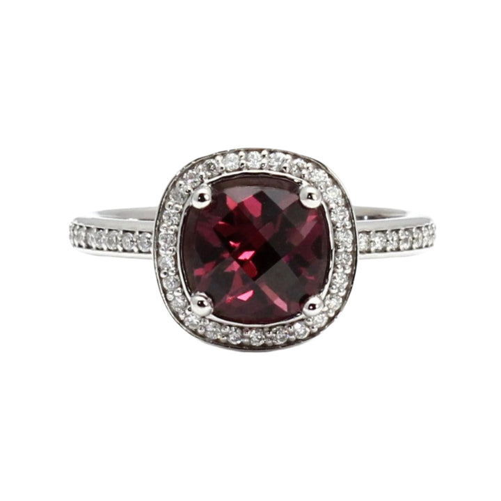 Rhodolite Garnet Engagement Ring | Cushion Cut Diamond Halo Ring | January Birthstone in 14K or 18K Gold or Platinum | Rare Earth Jewelry