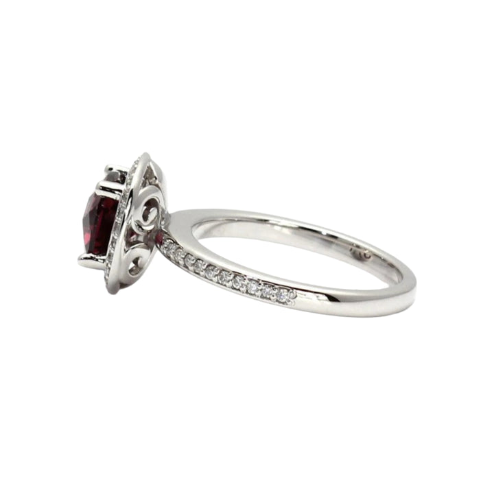 Side View of Rhodolite Garnet Engagement Ring, Cushion Cut Garnet Ring, January Birthstone | Rare Earth Jewelry