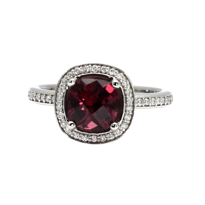 Natural Rhodolite Garnet Ring, Cushion Cut Diamond Halo January Birthstone | Rare Earth Jewelry