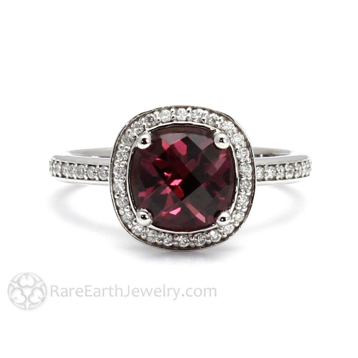 Rhodolite Garnet Ring Cushion Cut Diamond Halo January Birthstone - Rare Earth Jewelry