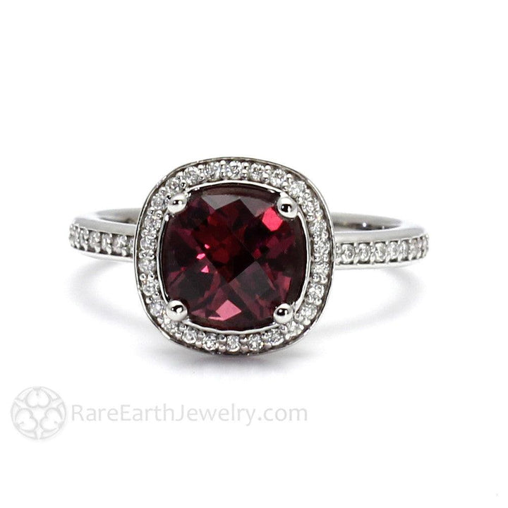 Rhodolite Garnet Ring Cushion Cut Diamond Halo January Birthstone - Rare Earth Jewelry