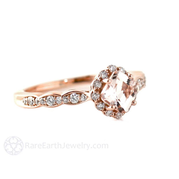Rose Gold Asscher Morganite Engagement Ring Vintage Style Diamond Halo ...