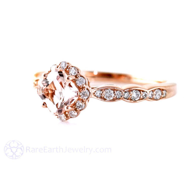 Rose Gold Asscher Morganite Engagement Ring Vintage Style Diamond Halo 14K Rose Gold - Rare Earth Jewelry