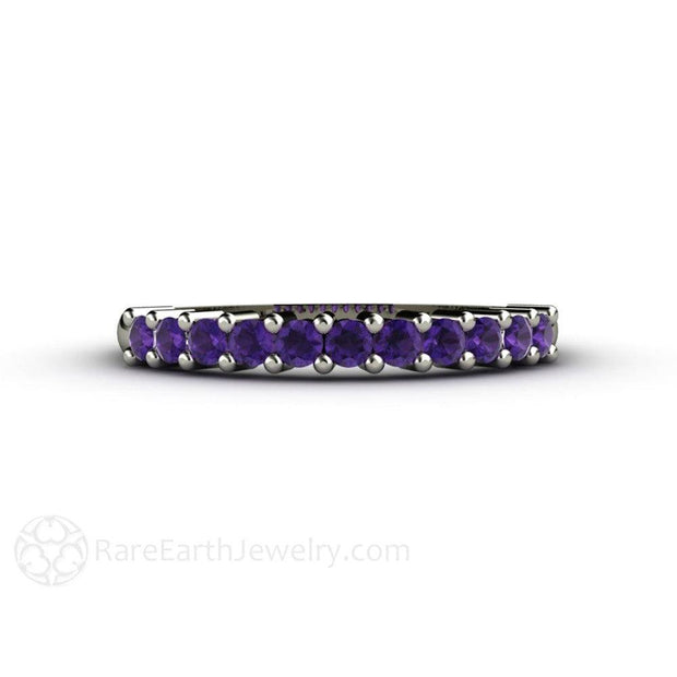 Round Amethyst Anniversary Band or Stacking Ring February Birthstone 14K White Gold - Rare Earth Jewelry