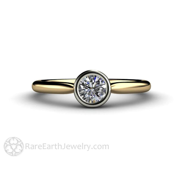 Round Bezel Set Diamond Engagement Ring Simple Solitaire 14K Yellow Gold Band-White Gold Top - Rare Earth Jewelry