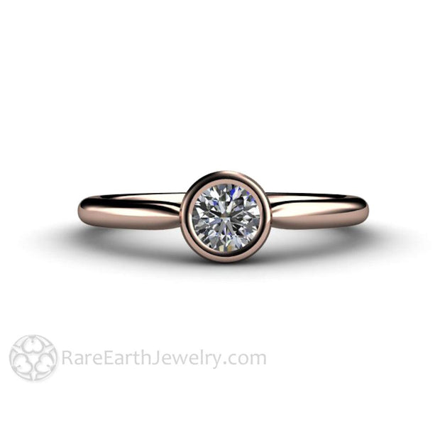 Round Bezel Set Diamond Engagement Ring Simple Solitaire 14K Rose Gold Band-Rose Gold Top - Rare Earth Jewelry