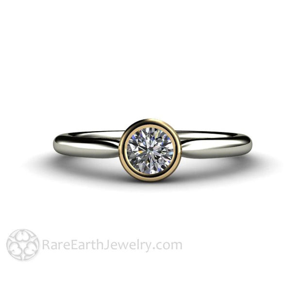 Round Bezel Set Diamond Engagement Ring Simple Solitaire 14K White Gold Band-Yellow Gold Top - Rare Earth Jewelry