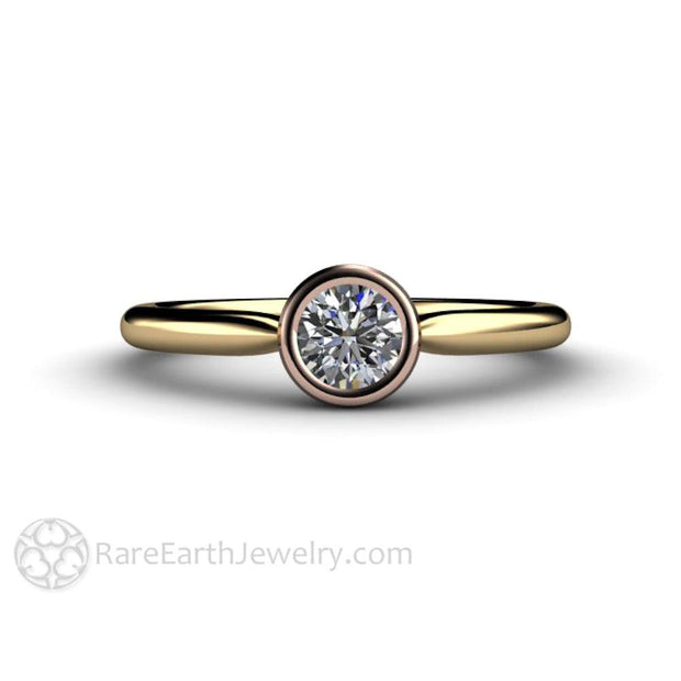 Round Bezel Set Diamond Engagement Ring Simple Solitaire 14K Yellow Gold Band-Rose Gold Top - Rare Earth Jewelry