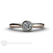 Round Bezel Set Diamond Engagement Ring Simple Solitaire 14K Rose Gold Band-White Gold Top - Rare Earth Jewelry