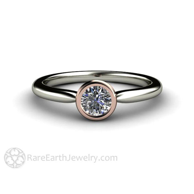 Round Bezel Set Diamond Engagement Ring Simple Solitaire 14K White Gold Band-Rose Gold Top - Rare Earth Jewelry