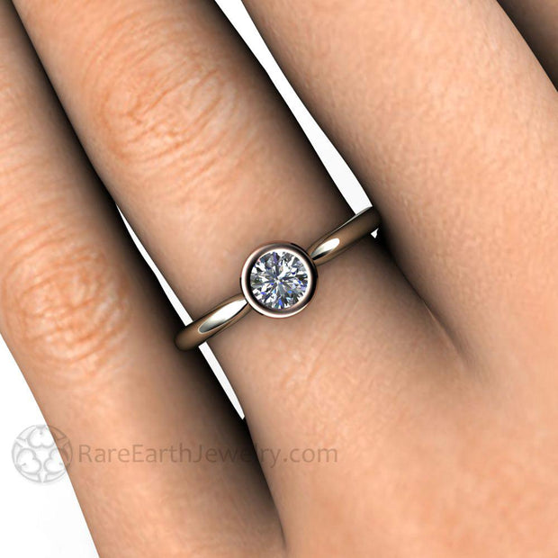 Round Bezel Set Diamond Engagement Ring Simple Solitaire 14K White Gold Band-Rose Gold Top - Rare Earth Jewelry