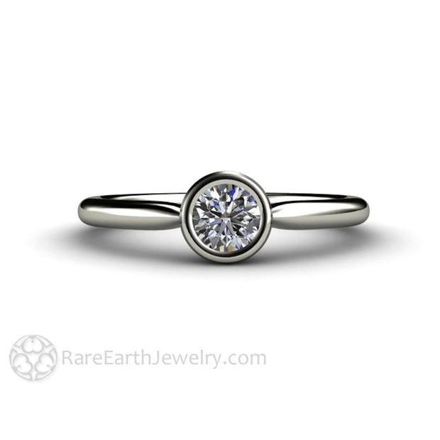 Round Bezel Set Diamond Engagement Ring Simple Solitaire 14K White Gold Band-White Gold Top - Rare Earth Jewelry
