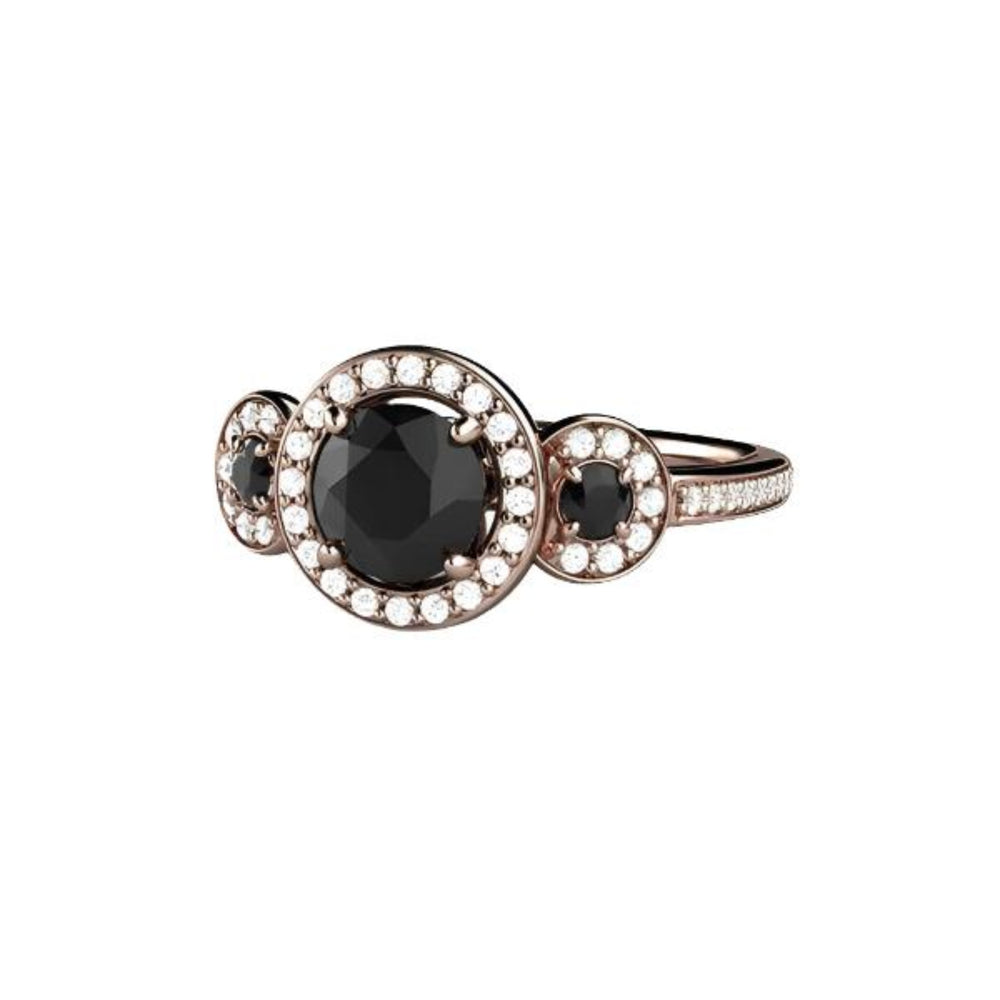 Round Black Diamond Engagement Ring 3 Stone Diamond Halo Setting, Rare Earth Jewelry