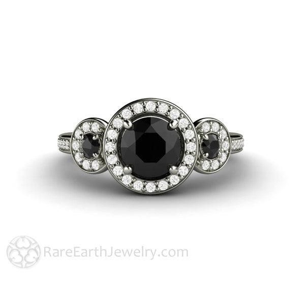 Round Cut Black Diamond 3 Stone Halo Engagement Ring 18K White Gold - Engagement Only - Rare Earth Jewelry