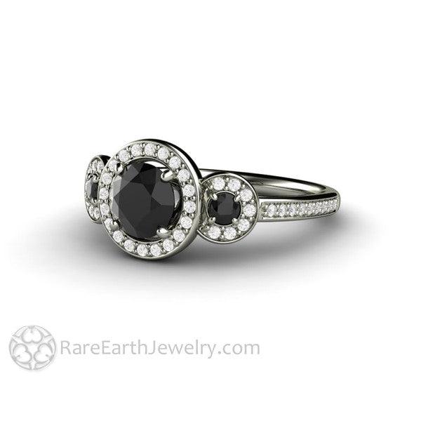 Round Black Diamond Engagement Ring 3 Stone Diamond Halo Setting - Rare Earth Jewelry