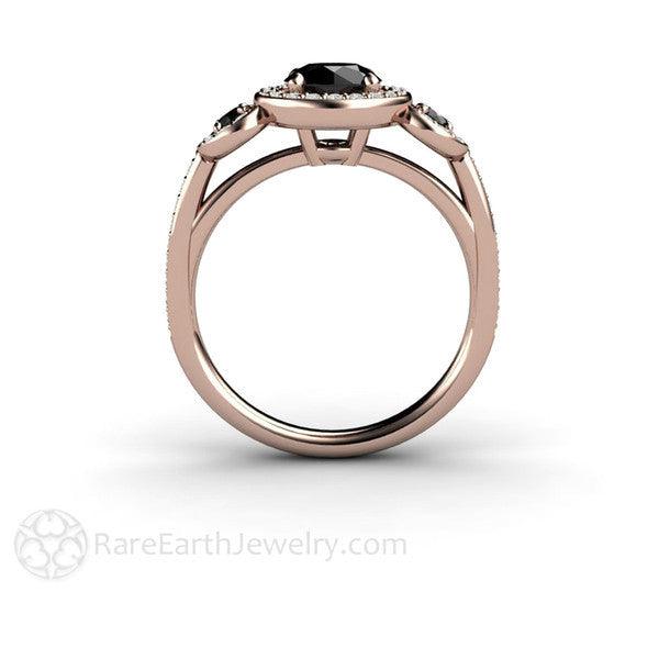 Round Black Diamond Engagement Ring 3 Stone Diamond Halo Setting - Rare Earth Jewelry