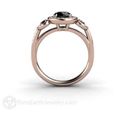 Round Cut Black Diamond 3 Stone Halo Engagement Ring 18K Rose Gold - Engagement Only - Rare Earth Jewelry