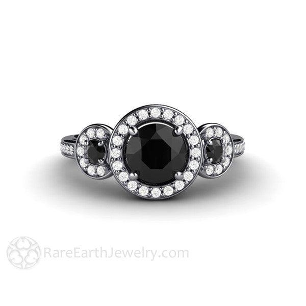 Round Cut Black Diamond 3 Stone Halo Engagement Ring 14K White Gold - Engagement Only - Rare Earth Jewelry