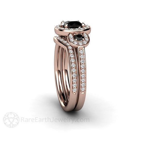 Round Cut Black Diamond 3 Stone Halo Engagement Ring 14K Rose Gold - Wedding Set - Rare Earth Jewelry