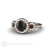 Round Cut Black Diamond 3 Stone Halo Engagement Ring 18K Rose Gold - Engagement Only - Rare Earth Jewelry