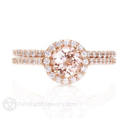 Round Diamond Halo Morganite Engagement Ring Wedding Bridal Ring Set 18K Rose Gold - Wedding Set - Rare Earth Jewelry
