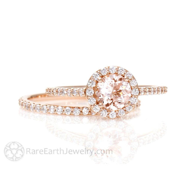 Round Diamond Halo Morganite Engagement Ring Wedding Bridal Ring Set 14K Rose Gold - Wedding Set - Rare Earth Jewelry